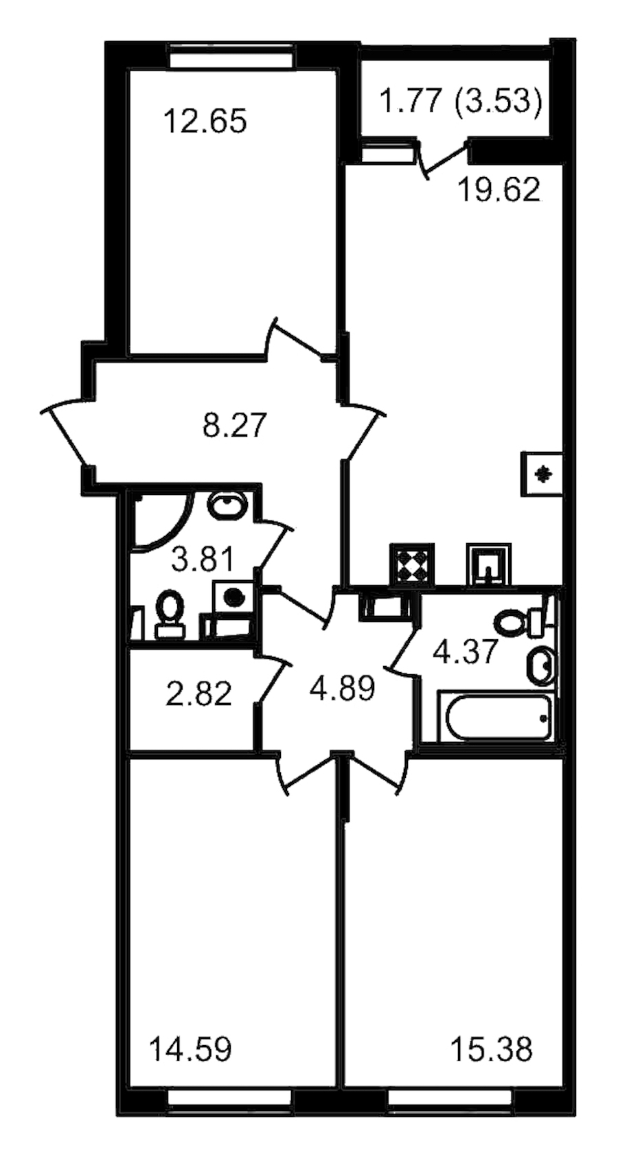 3-комнатная квартира 86.6 м², 12/14 эт., ЖК «Чёрная речка»